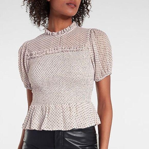 Express Light Blush Pink Dot Peplum Cropped Puff Sleeve Top - Picture 1 of 8